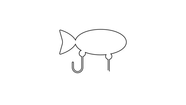 Černá čára Rybolov přilákat ikonu izolované na bílém pozadí. Rybářské náčiní. Grafická animace pohybu videa 4K — Stock video