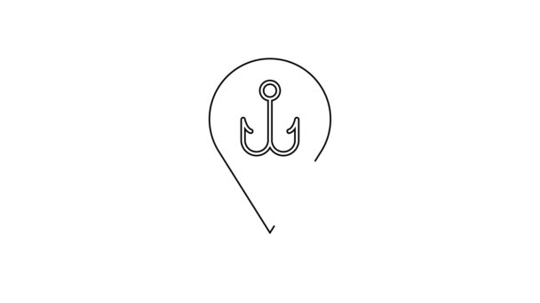 Black line Fishing hook icon isolated on white background. Fishing tackle. 4K Video motion graphic animation — Stock Video
