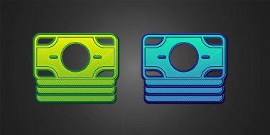 Yeşil ve mavi deste kağıt para nakit ikonu siyah arka planda izole. Para desteleri. Para birimi. Vektör