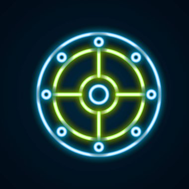 Parlayan neon hattı yuvarlak kalkan simgesi siyah arkaplanda izole edildi. Güvenlik, güvenlik, koruma, mahremiyet, koruma kavramı. Renkli taslak konsepti. Vektör