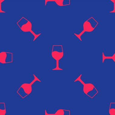 Kırmızı şarap ikonu mavi arka planda izole edilmiş kusursuz desen. Şarap kadehi işareti. Vektör