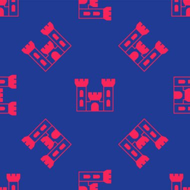 Kırmızı Kale simgesi mavi arkaplanda izole edilmiş. Kulesi olan bir ortaçağ kalesi. Düşmanlardan koruma. Şehrin güvenilirliği ve savunması. Vektör