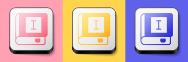 Isometric Book icon isolated on pink, yellow and blue background. First volume. Square button. Vector