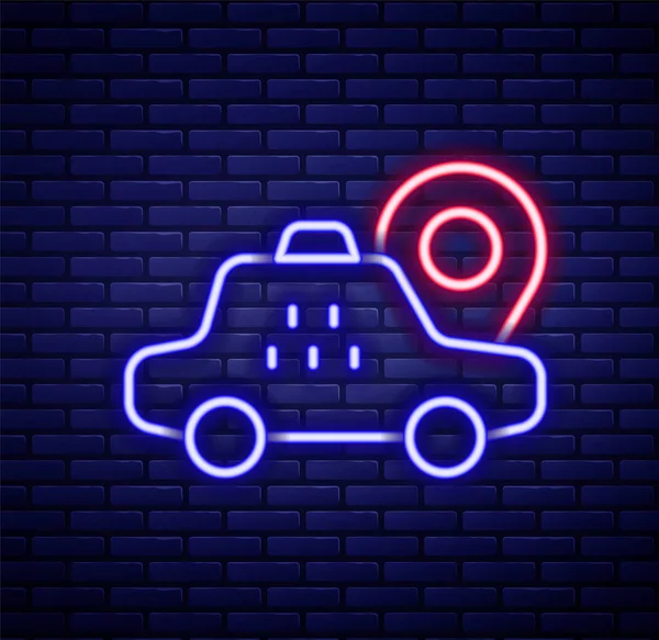 Glowing neon line Map pointer with taxi car icon isolated on brick wall background. Location symbol. Colorful outline concept. Vector — 图库矢量图片