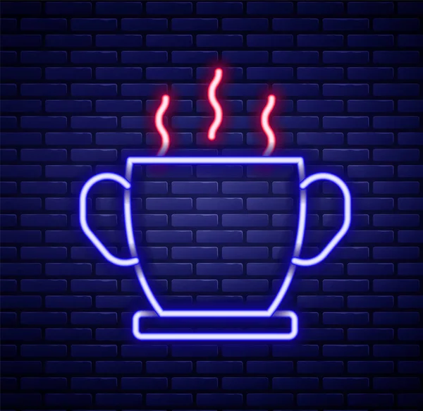 Glowing neon line Bowl of hot soup icon isolated on brick wall background. Colorful outline concept. Vector — Image vectorielle