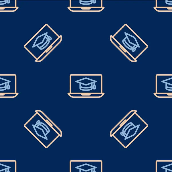 Line Graduation cap on screen laptop icon isolated seamless pattern on blue background. Online learning or e-learning concept. Vector — Vector de stock