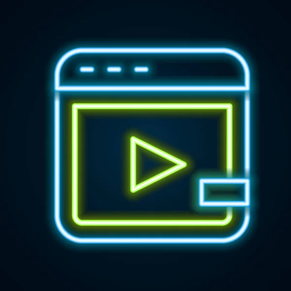 Glowing neon line Video advertising icon isolated on black background. Concept of marketing and promotion process. Responsive ads. Social media advertising. Colorful outline concept. Vector — Stockvektor