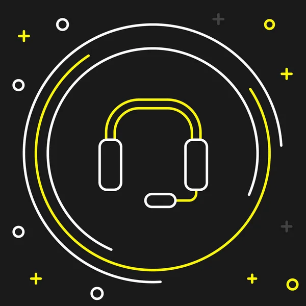 Icono de auriculares de línea aislado sobre fondo negro. Auriculares. Concepto para escuchar música, servicio, comunicación y operador. Concepto de esquema colorido. Vector — Vector de stock