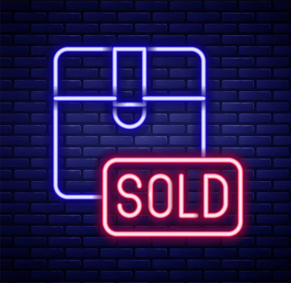 Glowing neon line Sold icon isolated on brick wall background. Colorful outline concept. Vector — Διανυσματικό Αρχείο