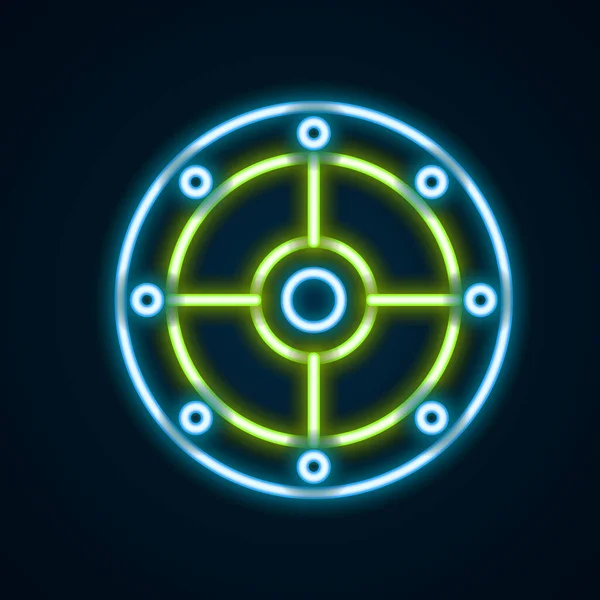 Glowing neon line Round shield icon isolated on black background. Security, safety, protection, privacy, guard concept. Colorful outline concept. Vector — Stock vektor