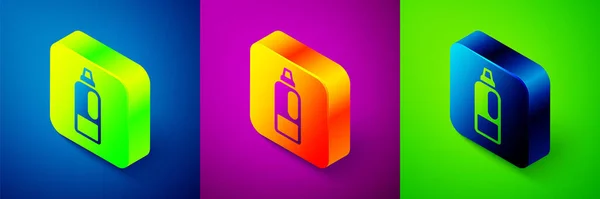 Isometric Plastic bottle for laundry detergent, bleach, dishwashing liquid or another cleaning agent icon isolated on blue, purple and green background. Square button. Vector — Wektor stockowy