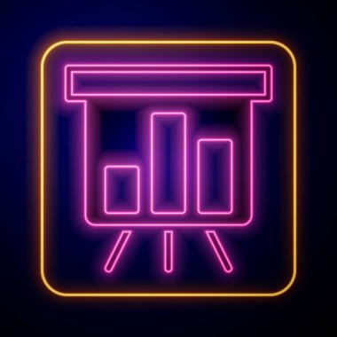 Glowing neon Board with graph chart icon isolated on black background. Report text file icon. Accounting sign. Audit, analysis, planning. Vector