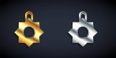 Siyah arka planda izole edilmiş altın ve gümüş Noel oyuncağı ikonu. Mutlu Noeller ve mutlu yıllar. Uzun gölge tarzı. Vektör