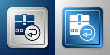 White Return cardboard box icon isolated on blue and grey background. Box, package, parcel sign. Delivery and packaging. Silver and blue square button. Vector