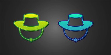 Green and blue Fisherman hat icon isolated on black background. Vector