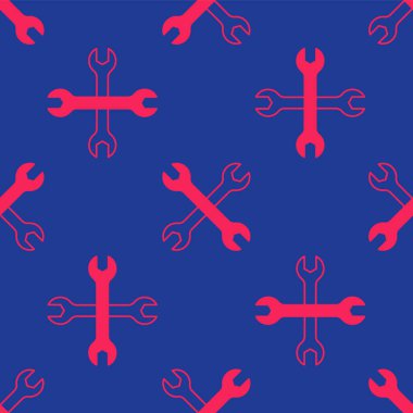 Kırmızı İngiliz anahtarı simgesi mavi arkaplanda izole edilmiş. Anahtar tamir aleti. Servis aracı sembolü. Vektör