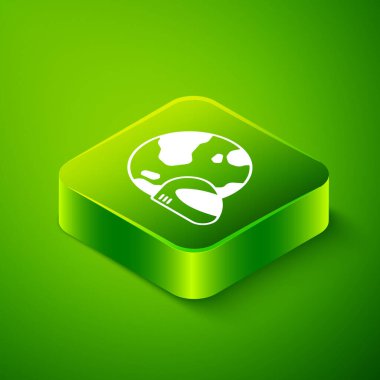 Yeşil arkaplanda Isometric yarış başlığı simgesi izole edildi. Olağanüstü bir spor. Spor malzemeleri. Yeşil kare düğmesi. Vektör