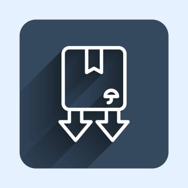 White line Cardboard box with traffic symbol icon isolated with long shadow background. Box, package, parcel sign. Delivery, transportation and shipping. Blue square button. Vector