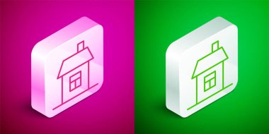Pembe ve yeşil arka planda izole edilmiş Isometric çizgi ev simgesi. Ev sembolü. Gümüş kare düğme. Vektör