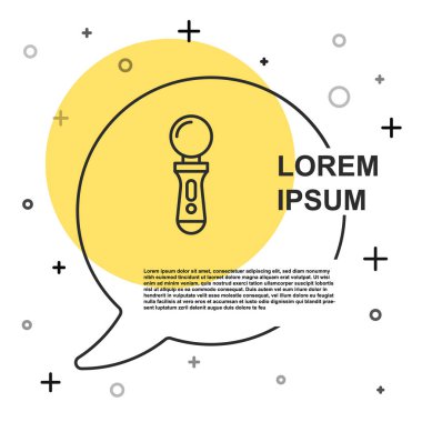 Siyah çizgi VR denetleyici oyun simgesi beyaz arkaplanda izole edildi. Sanal gerçeklik deneyimi, mevcudiyet hissi, konum takip teknolojisi cihazı. Rastgele dinamik şekiller. Vektör