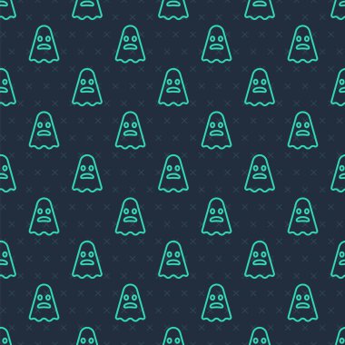 Yeşil çizgi Hayalet simgesi mavi arkaplandaki kusursuz deseni izole etti. Mutlu Cadılar Bayramı Partisi. Vektör