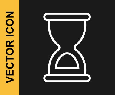 Beyaz çizgi. Siyah zemin üzerinde kum ikonu olan eski kum saati. Kum saati işareti. İş ve zaman yönetimi kavramı. Vektör