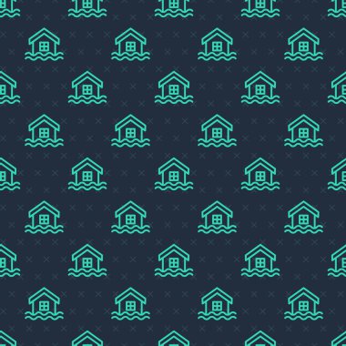 Yeşil çizgi ev sel ikonu mavi arka planda kusursuz desen izole etti. Suyun altındaki evi sel basıyor. Sigorta konsepti. Güvenlik, güvenlik, koruma, konsept koruma. Vektör