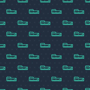 Yeşil çizgi mezura ikonu mavi arkaplanda izole edilmiş pürüzsüz desen. Ölçüm bandı. Vektör