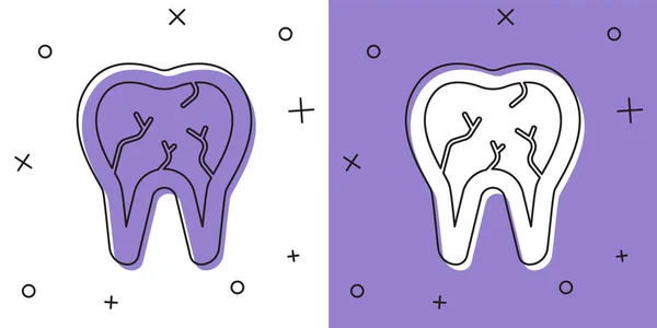 Встановити піктограму зламаного зуба ізольовано на білому та фіолетовому тлі. Піктограма стоматологічної проблеми. Символ стоматологічної допомоги. Векторні — стоковий вектор