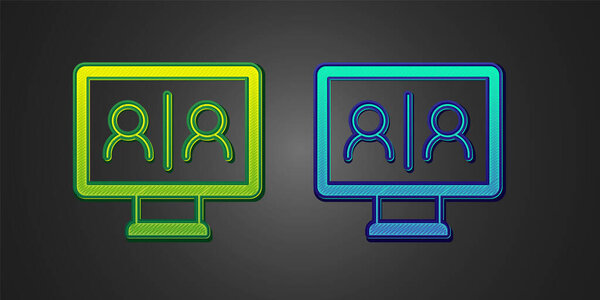 Green and blue Video chat conference icon isolated on black background. Online meeting work form home. Remote project management. Vector