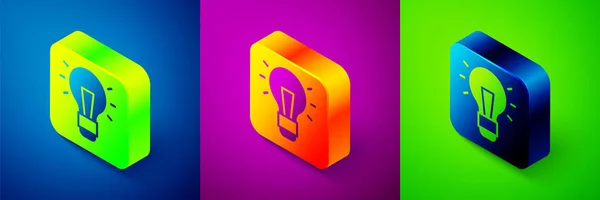 Isometric Light bulb with concept of idea icon isolated on blue, purple and green background. Energy and idea symbol. Inspiration concept. Square button. Vector — Stockvektor