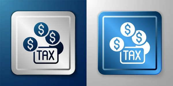 ホワイト納税アイコンは青とグレーの背景に隔離されています。シルバーとブルーの四角形のボタン。ベクトル — ストックベクタ