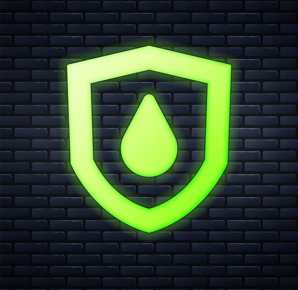 Glowing neon Oil drop on shield icon isolated on brick wall background. Vector — стоковый вектор