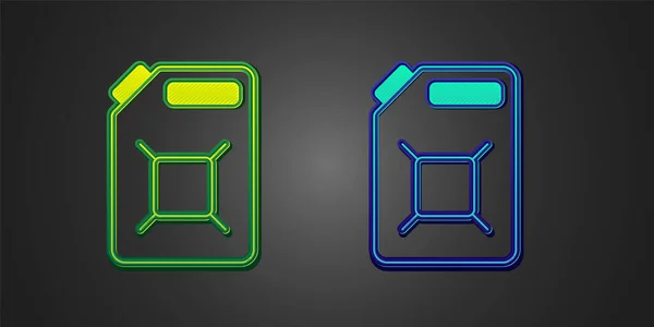 Green and blue Canister for gasoline icon isolated on black background. Diesel gas icon. Vector — стоковый вектор