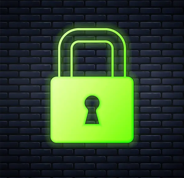 Ragyogó neon Lock ikon elszigetelt téglafal háttér. Lakat jel. Biztonság, biztonság, védelem, adatvédelem. Vektor — Stock Vector