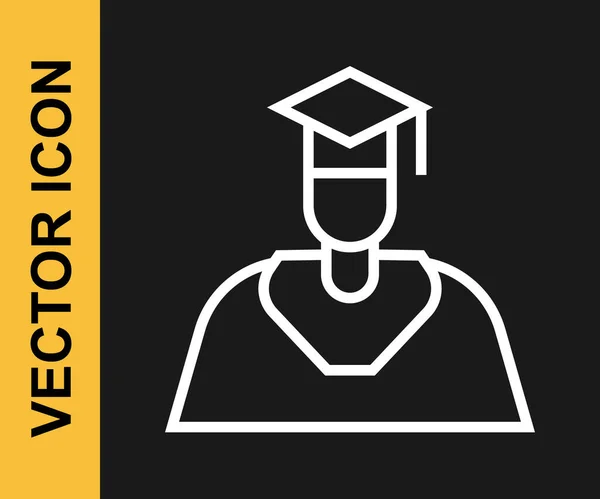 Línea blanca Icono de la gorra de graduación y graduación aislado sobre fondo negro. Vector — Vector de stock