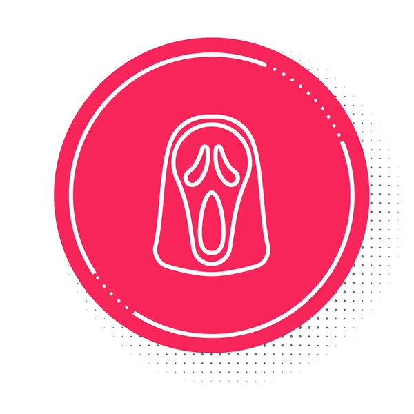 White line Funny and scary ghost mask for Halloween icon isolated on white background. Happy Halloween party. Red circle button. Vector — Stok Vektör