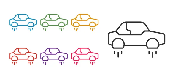 Ustaw linię Fantastyczna ikona latającego samochodu na białym tle. Unieś samochód przyszłej technologii transportu przyszłości. Zestaw ikon kolorowe. Wektor — Wektor stockowy