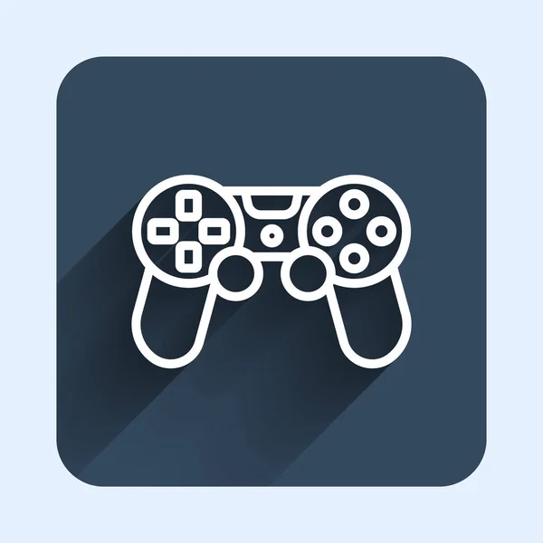 Oyun konsolu simgesi için uzun gölge arkaplanı ile izole edilmiş beyaz çizgi oyun denetleyici veya joystick. Mavi kare düğme. Vektör — Stok Vektör