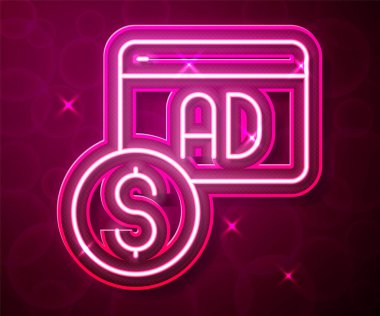 Parlayan neon hattı reklam simgesi kırmızı arkaplanda izole edildi. Pazarlama ve tanıtım süreci kavramı. İlgili reklamlar. Sosyal medya reklamcılığı. Vektör