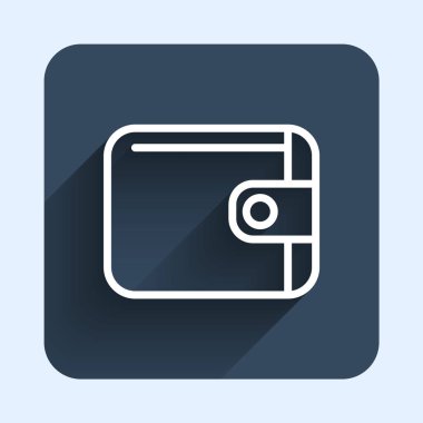 Beyaz çizgili cüzdan simgesi uzun gölgeli. Çanta ikonu. Nakit tasarruf sembolü. Mavi kare düğme. Vektör