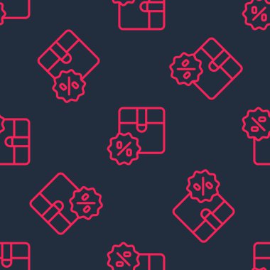 Red line Carton cardboard box with discount percent tag icon isolated seamless pattern on black background. Box, package, parcel sign. Delivery and packaging. Vector