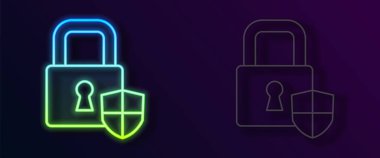 Siyah arka planda kilit simgesi izole edilmiş parlak neon hat kalkan güvenliği. Koruma, güvenlik, şifre güvenliği. Güvenlik duvarı gizlilik levhası. Vektör