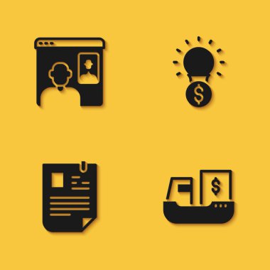Set Video chat conference, Cargo ship with boxes delivery, Resume and Light bulb dollar icon with long shadow. Vector
