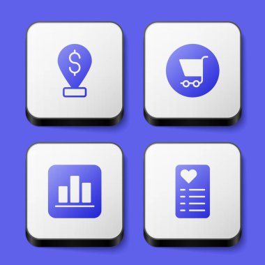 Set Cash location pin, Shopping cart, Pie chart infographic and list icon. White square button. Vector