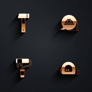 Çekiç, işçi kaskı, boya fırçası ve uzun gölgeli rulet inşaat ikonu. Vektör