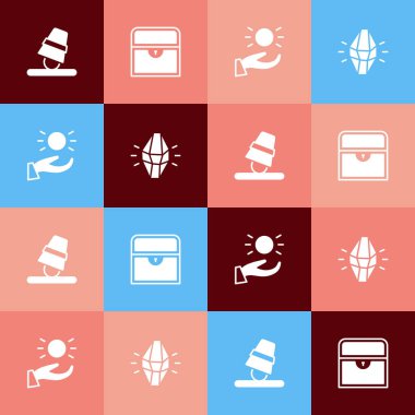 Set pop art Game thimbles, Antique treasure chest, Ball levitating above hand and Magic stone icon. Vector