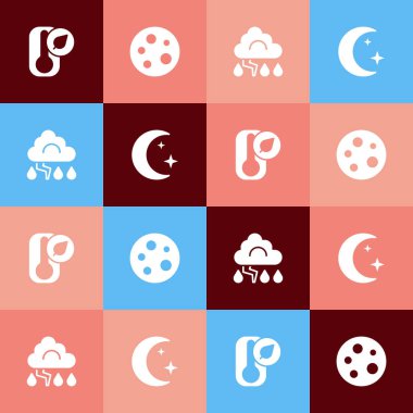 Set pop art Thermometer, Moon, Cloud and lightning and stars icon. Vector