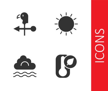 Termometreyi, horoz rüzgar gülünü, sis ve bulutu ve güneş simgesini ayarla. Vektör