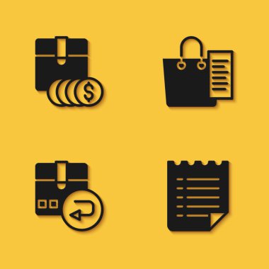 Set Item price tag with dollar, Wish list template, Return cardboard box and Shopping icon with long shadow. Vector
